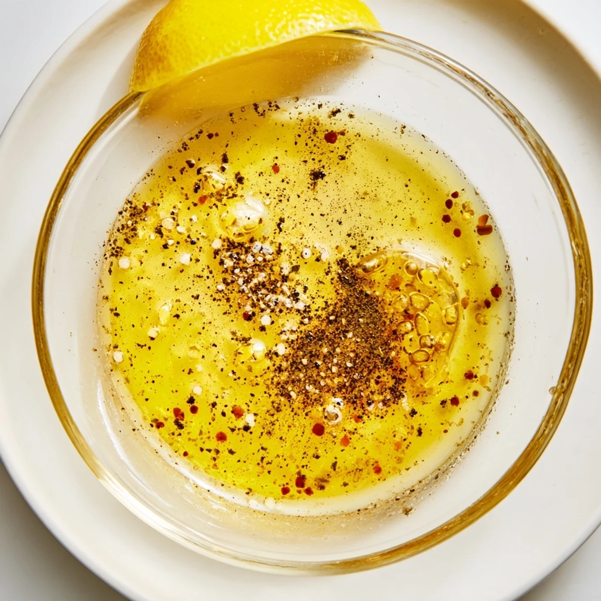 Smooth honey lemon vinaigrette whisked in a small bowl with olive oil and honey.