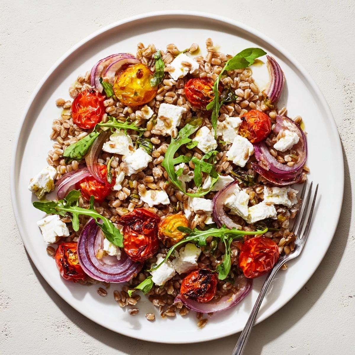 Golden slow-roasted tomatoes nestled between chewy farro grains with crumbled feta and fresh herbs