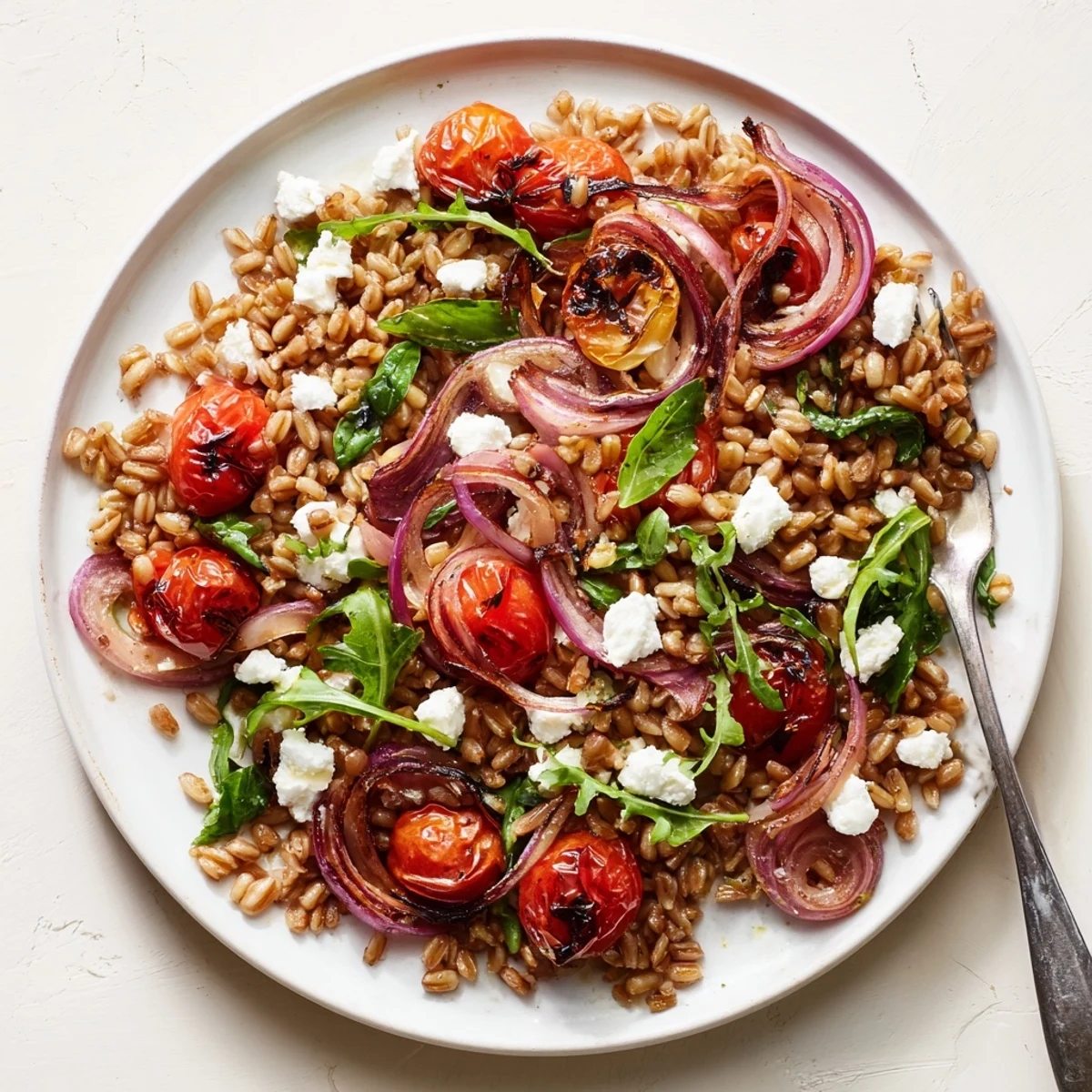 Colorful Mediterranean slow roasted tomato farro salad topped with white feta and green arugula
