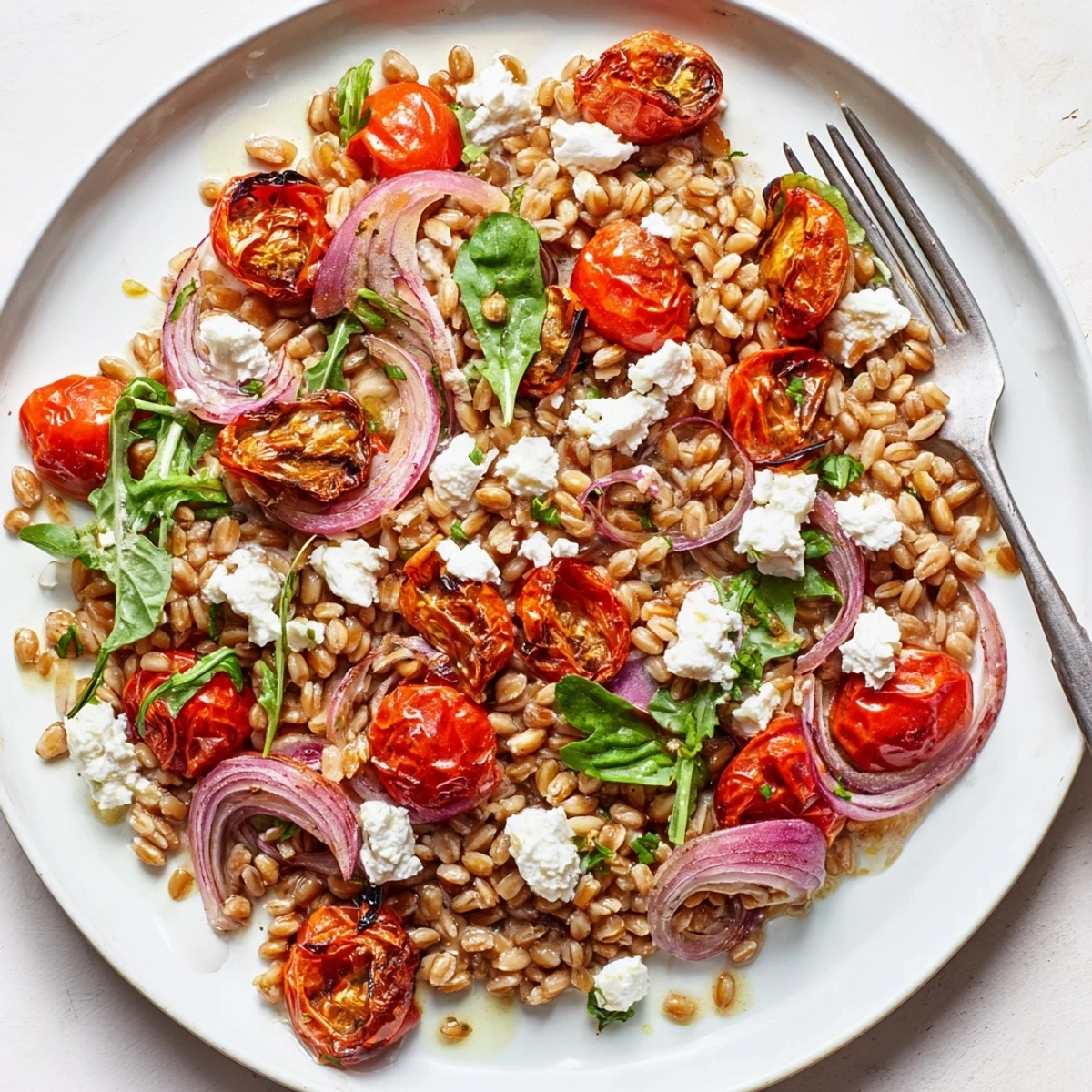 Hearty bowl of slow roasted tomato farro salad dressed with olive oil and tangy feta cheese
