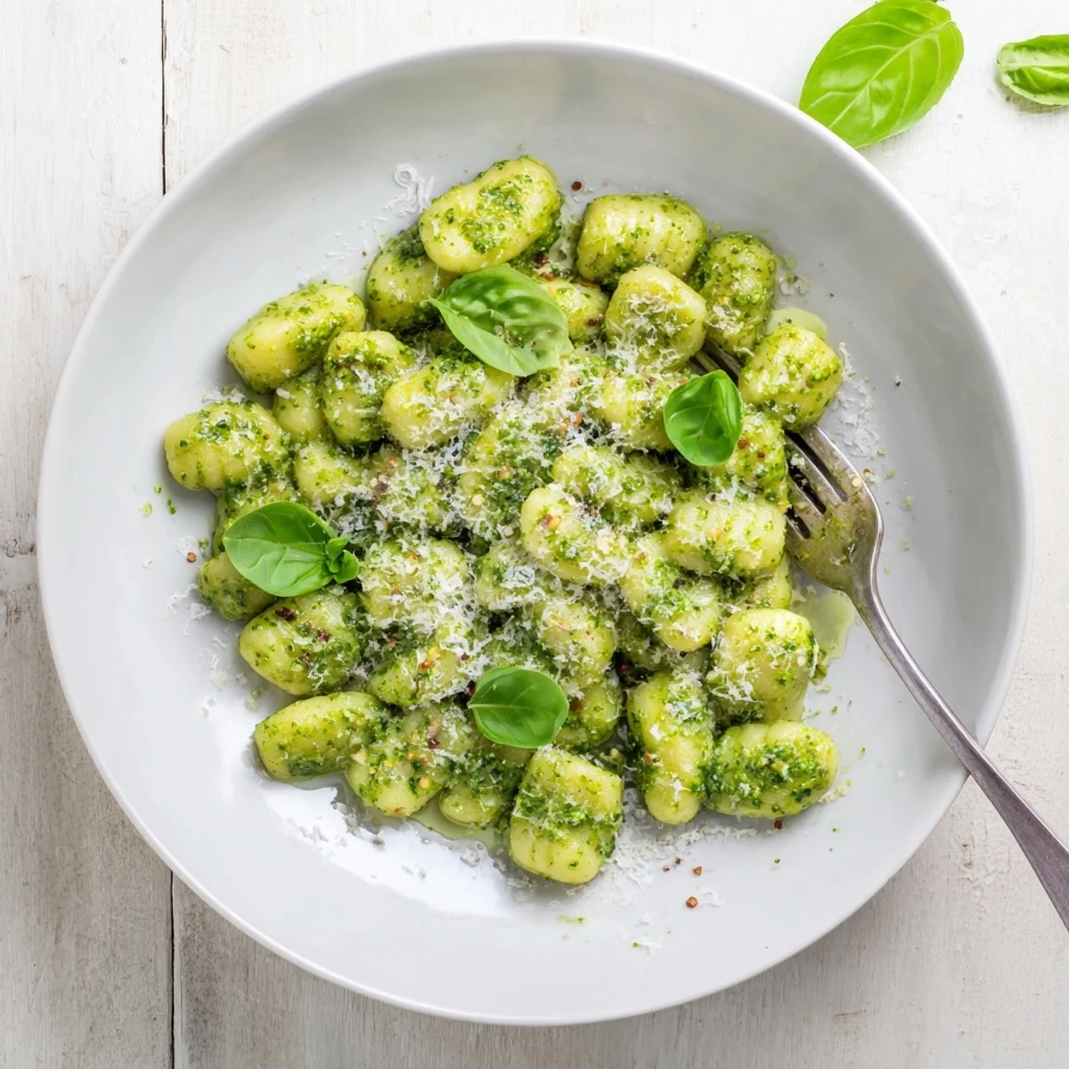 Golden potato gnocchi coated in vibrant green basil pesto sauce with grated Parmesan