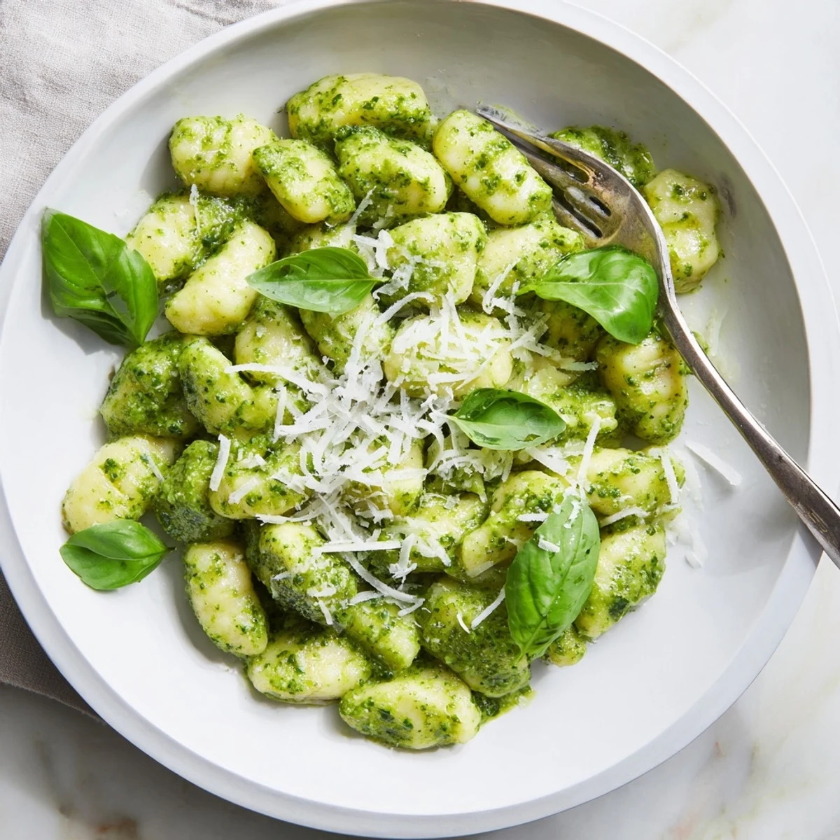 Tender gnocchi tossed in fresh homemade pesto topped with extra basil leaves and cheese