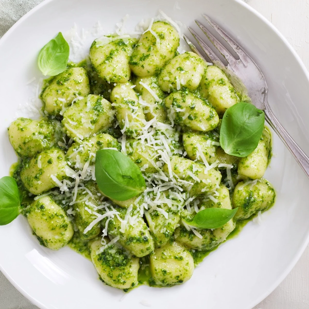 Steaming bowl of easy pesto gnocchi garnished with fresh basil and Parmesan shavings