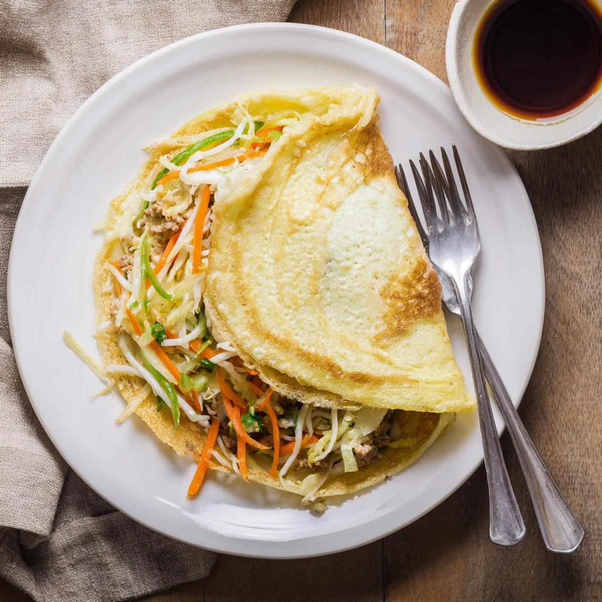 Fluffy folded pancakes with egg and vegetable filling drizzled with savory dipping sauce for breakfast