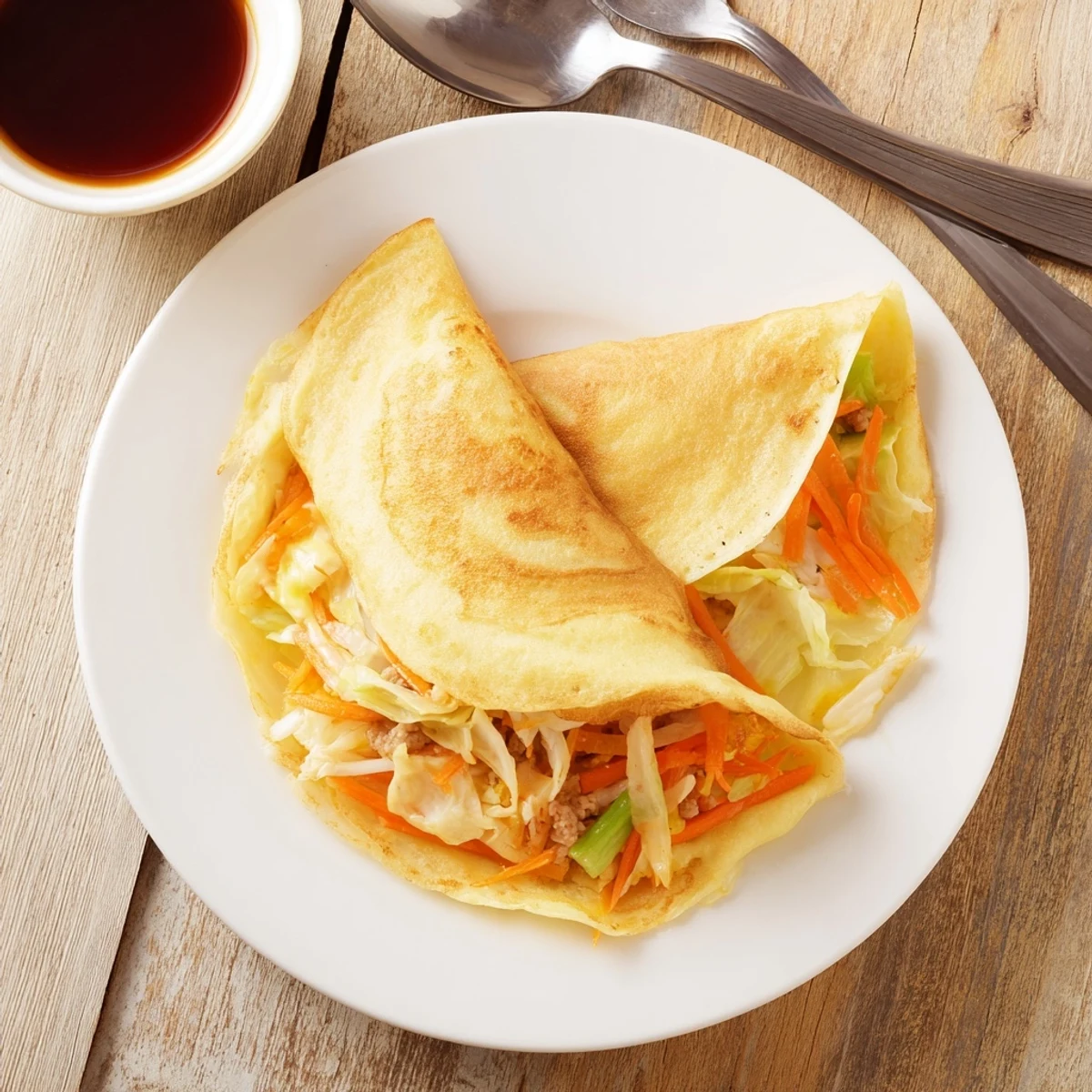 Street food inspired breakfast pancakes featuring golden crispy edges and a rich meat vegetable stuffing