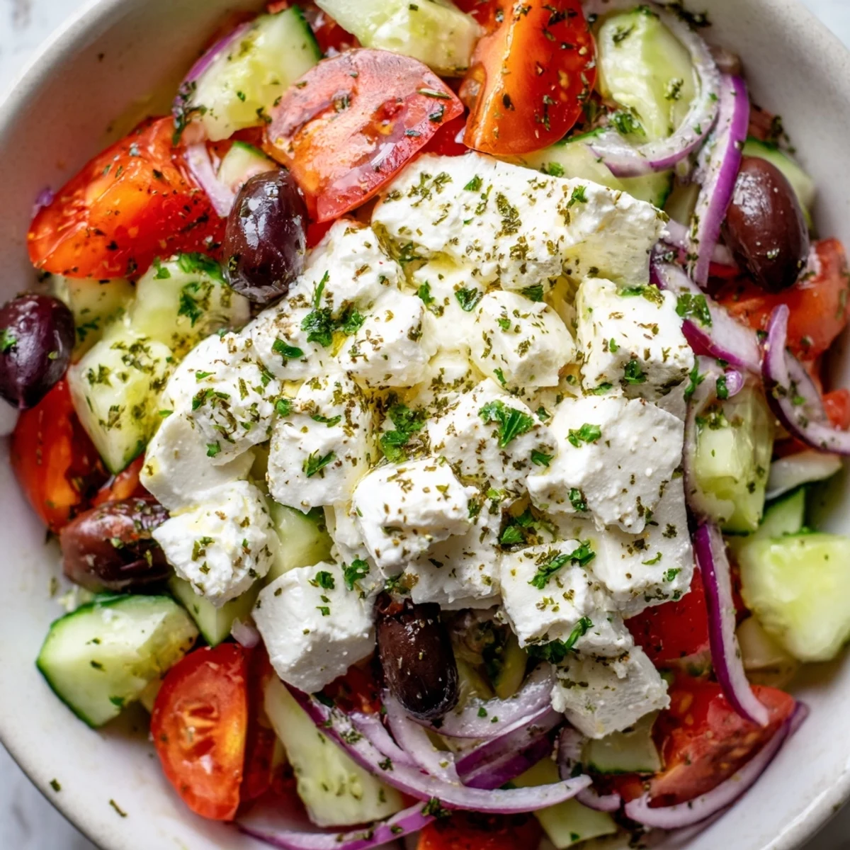 Colorful Greek salad cottage cheese bowl with fresh tomatoes, cucumber, olives, and crumbled feta topping