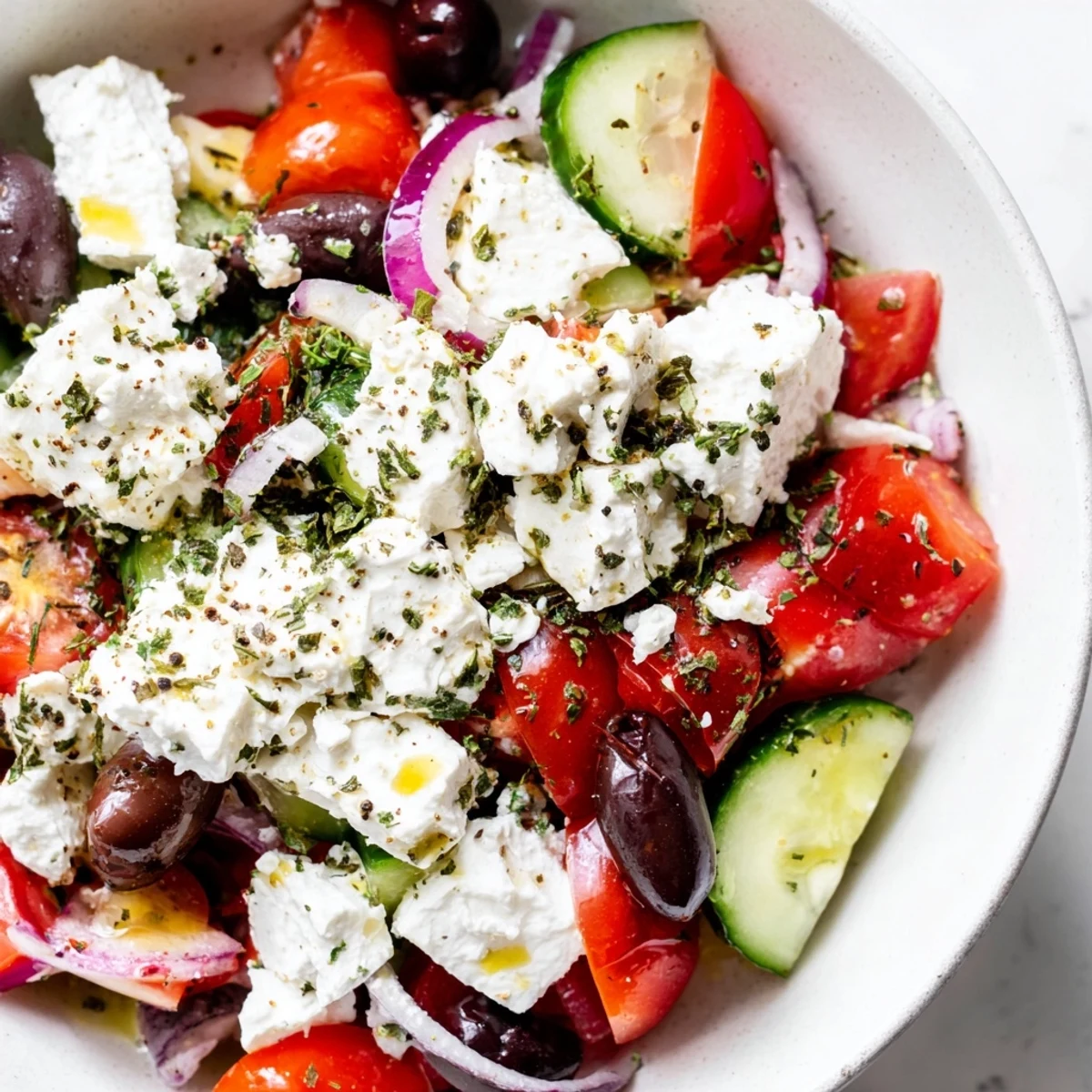 Protein-packed Greek salad cottage cheese bowl featuring crisp peppers, Kalamata olives, and tangy feta cheese