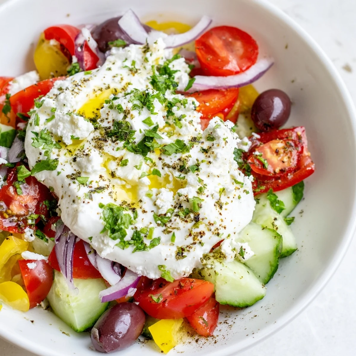 Creamy cottage cheese bowl topped with Mediterranean vegetables, red onion, and fresh parsley garnish