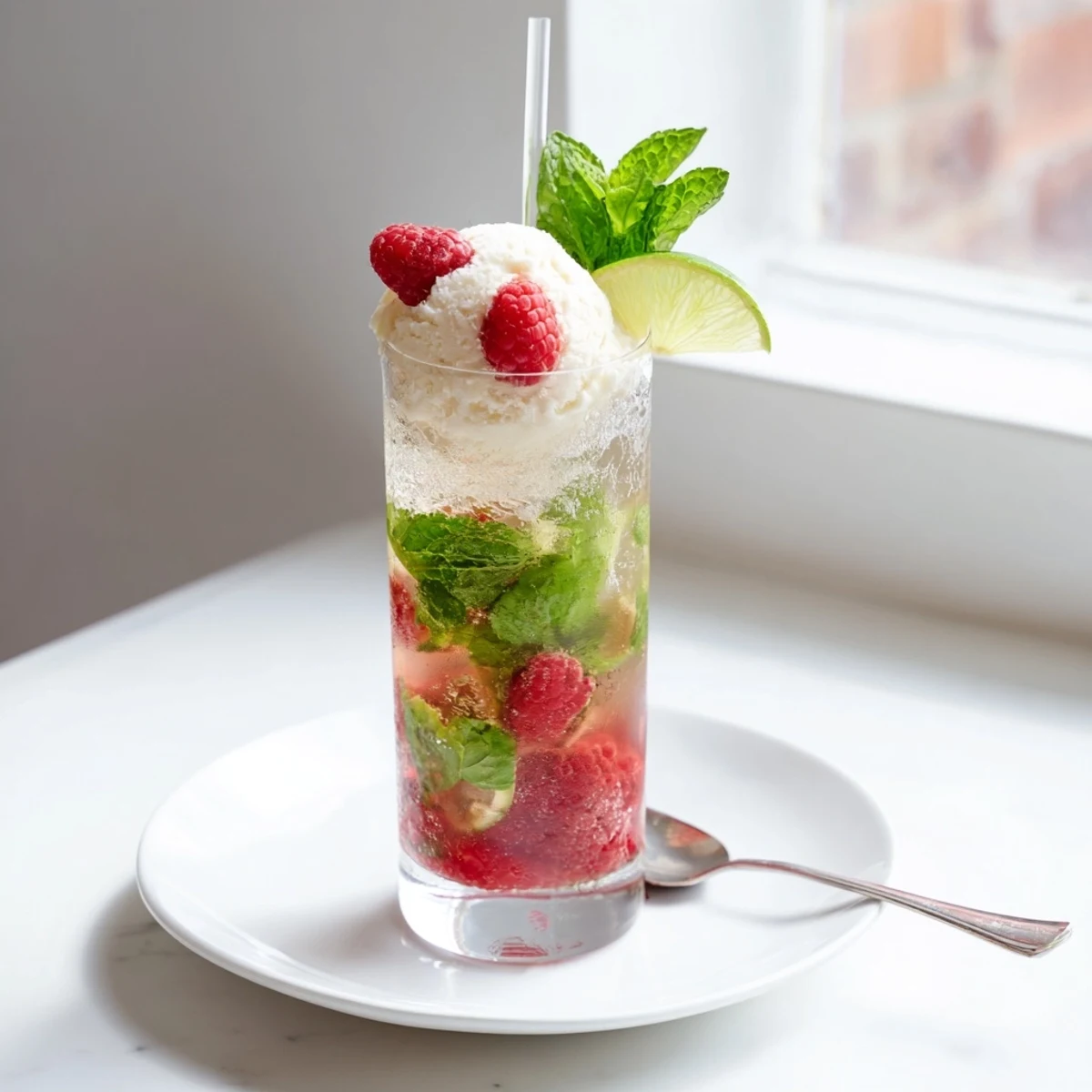 Raspberry Mint Mojito Rebel Float Mocktop topped with melting vanilla ice cream, fresh raspberries, and mint garnish