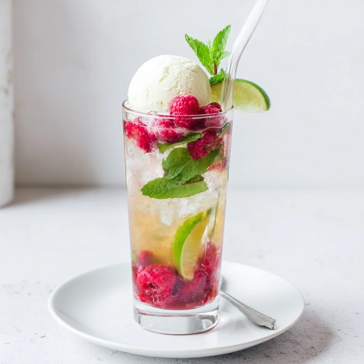 Tall glass layered with muddled raspberries, mint leaves, fizzy soda, and creamy vanilla ice cream scoop
