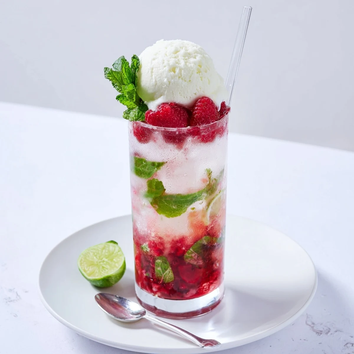 Refreshing alcohol-free Raspberry Mint Mojito Rebel Float with lime wedges and floating ice cream