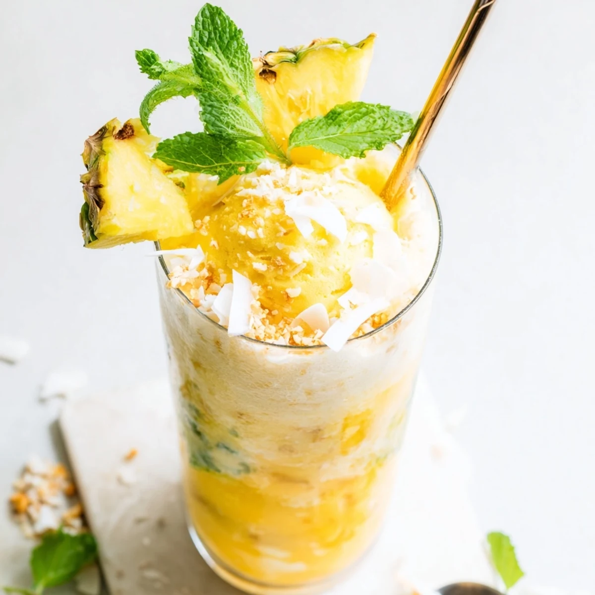 Tropical Paradise Rebel Float topped with vegan vanilla ice cream and fresh mint garnish in a tall glass