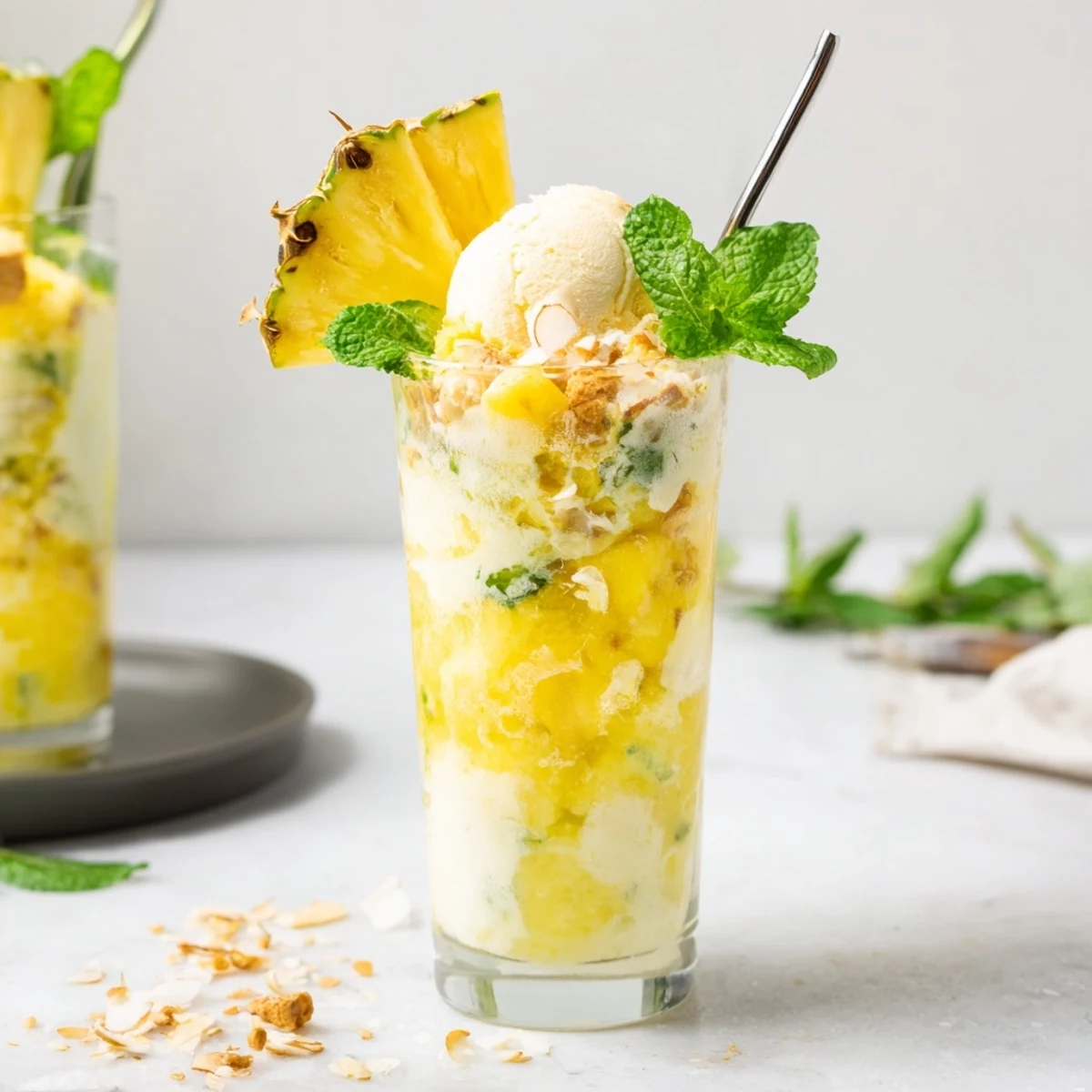 Golden vegan float with mango pineapple swirl and creamy coconut rising through sparkling lemon-lime soda