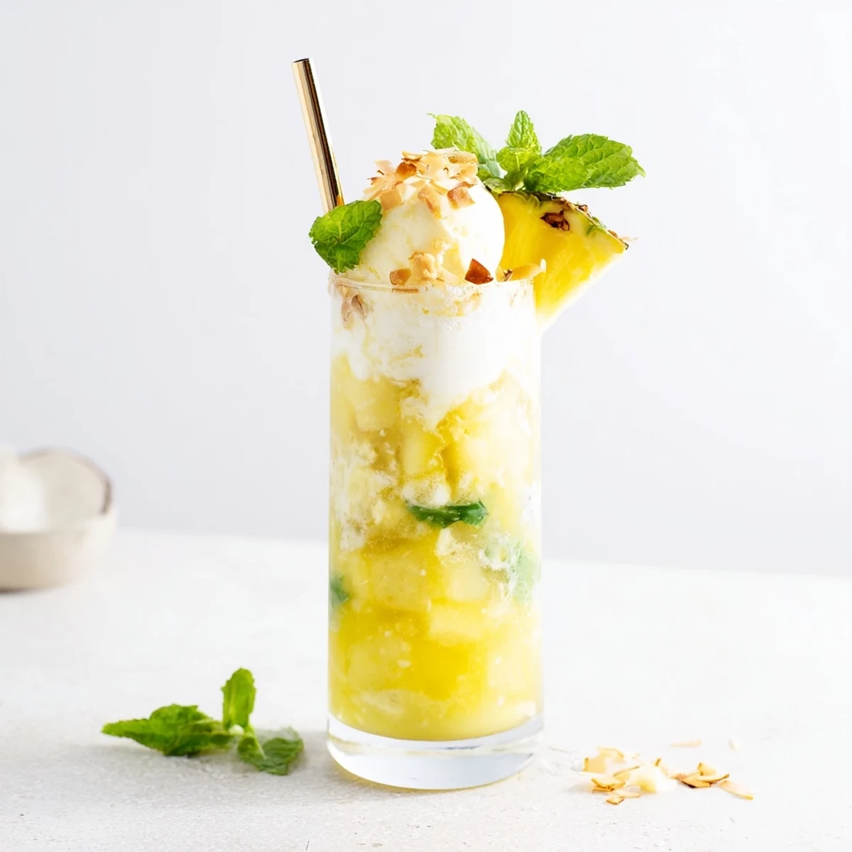 Refreshing tropical float layered with frozen fruit puree coconut milk and fizzy soda topped with ice cream