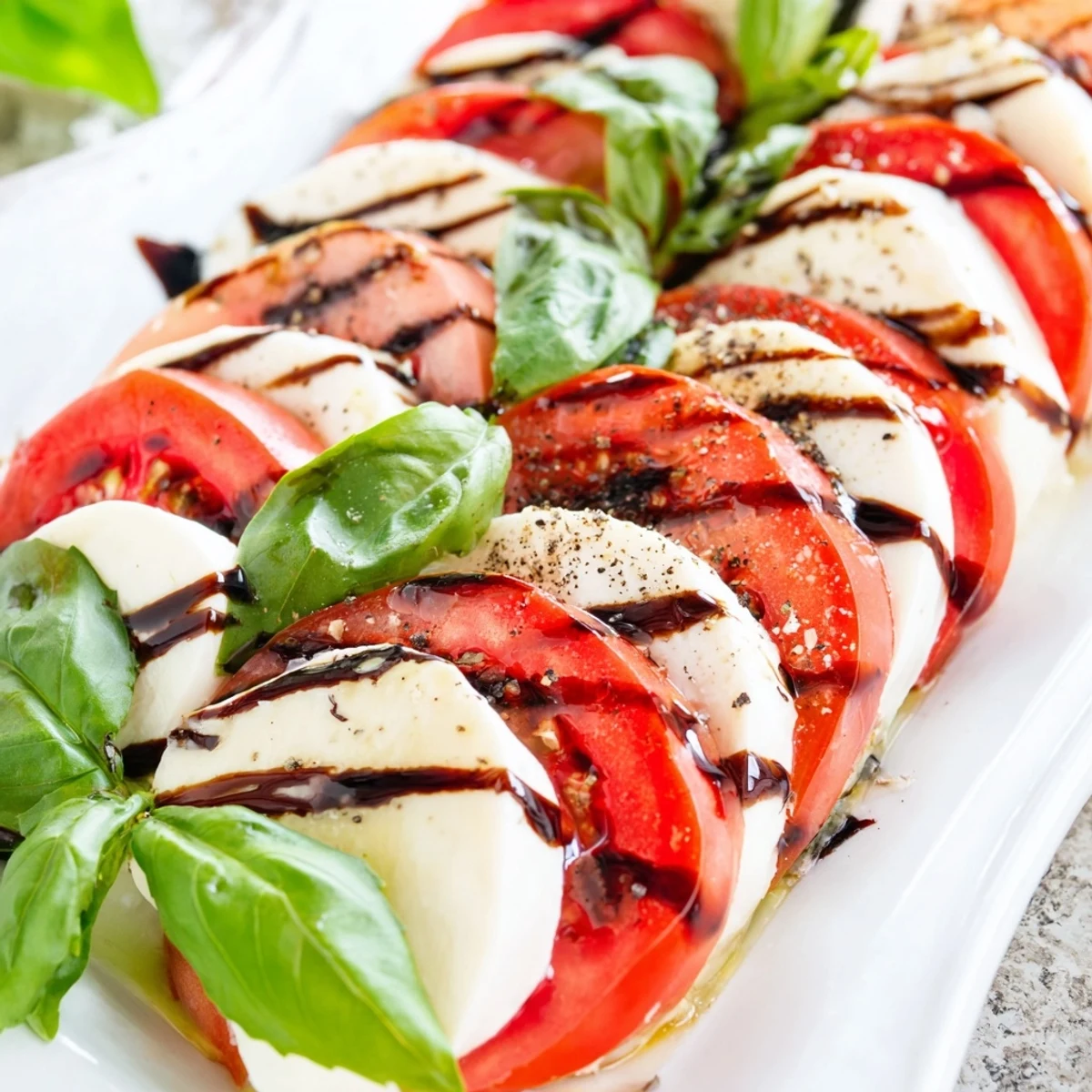 Festive Christmas candy cane Caprese salad arranged with mozzarella, tomatoes and fresh basil leaves drizzled with balsamic glaze