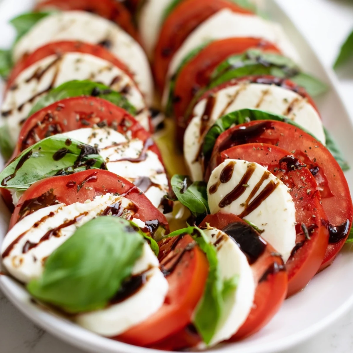 Holiday Christmas candy cane Caprese salad featuring ripe tomatoes and fresh mozzarella slices curved into a candy cane shape on a white platter