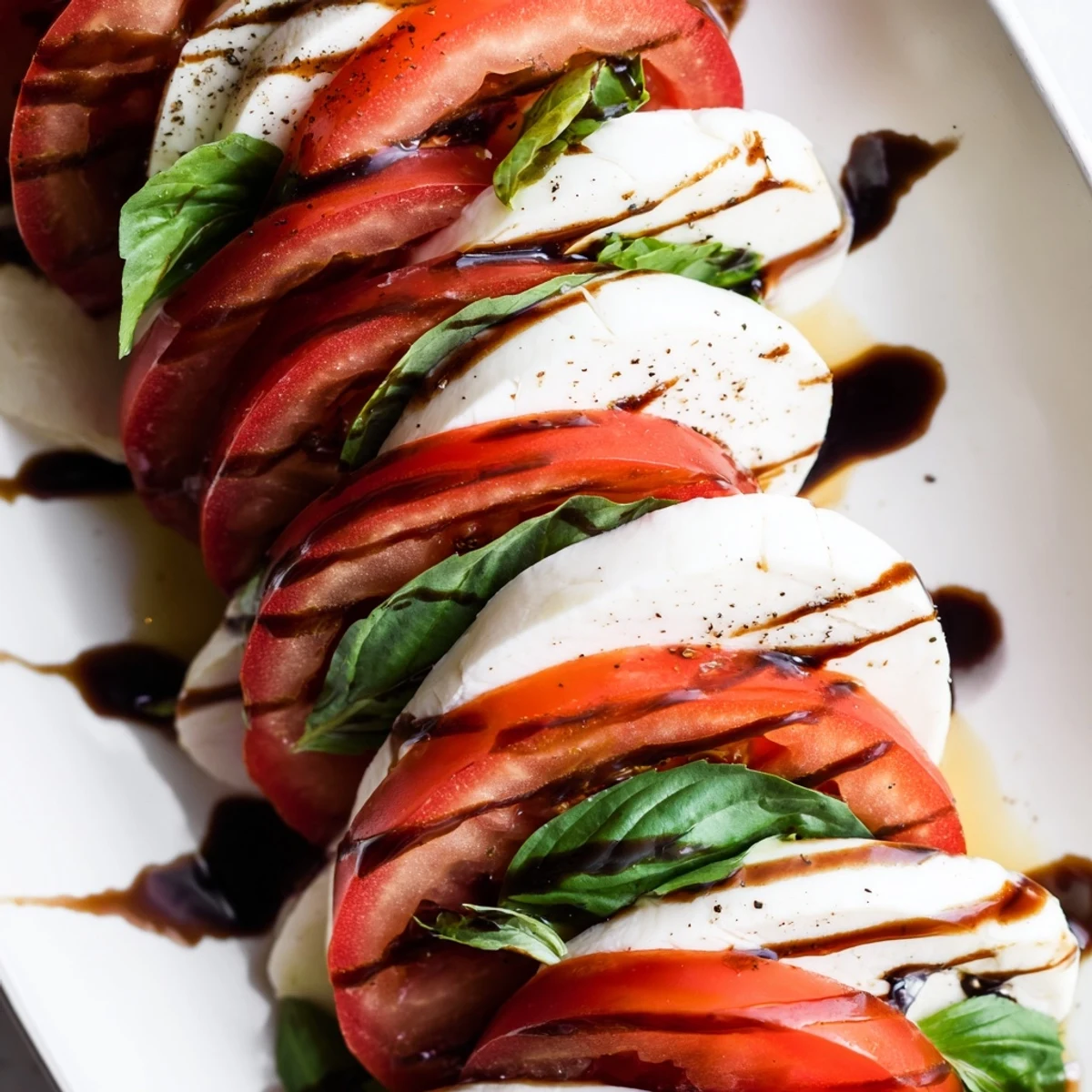 Cheesy Christmas candy cane Caprese salad topped with basil and balsamic dressing, a colorful festive appetizer for holiday parties