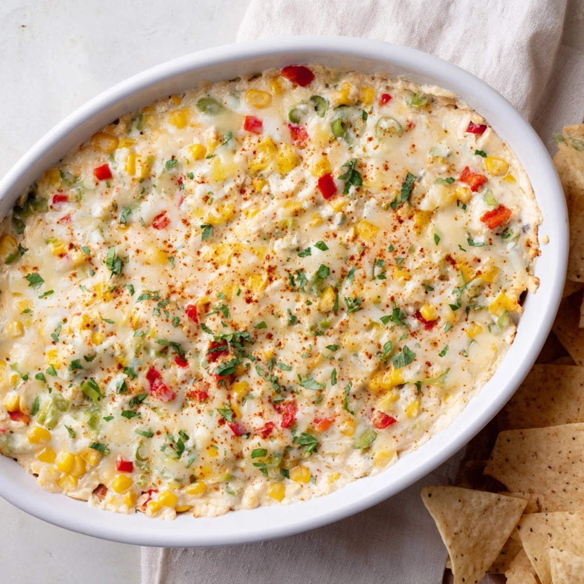 Golden baked corn dip with sweet kernels, red bell pepper, and fresh green onions