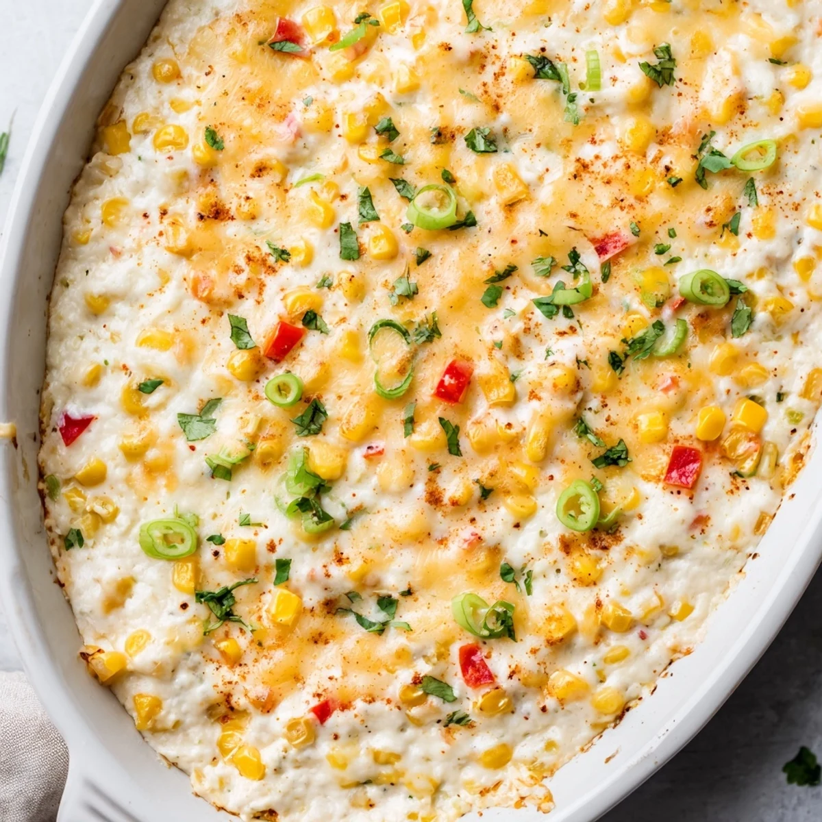 Creamy corn dip bubbling with melted cheddar and Monterey Jack cheese in a baking dish