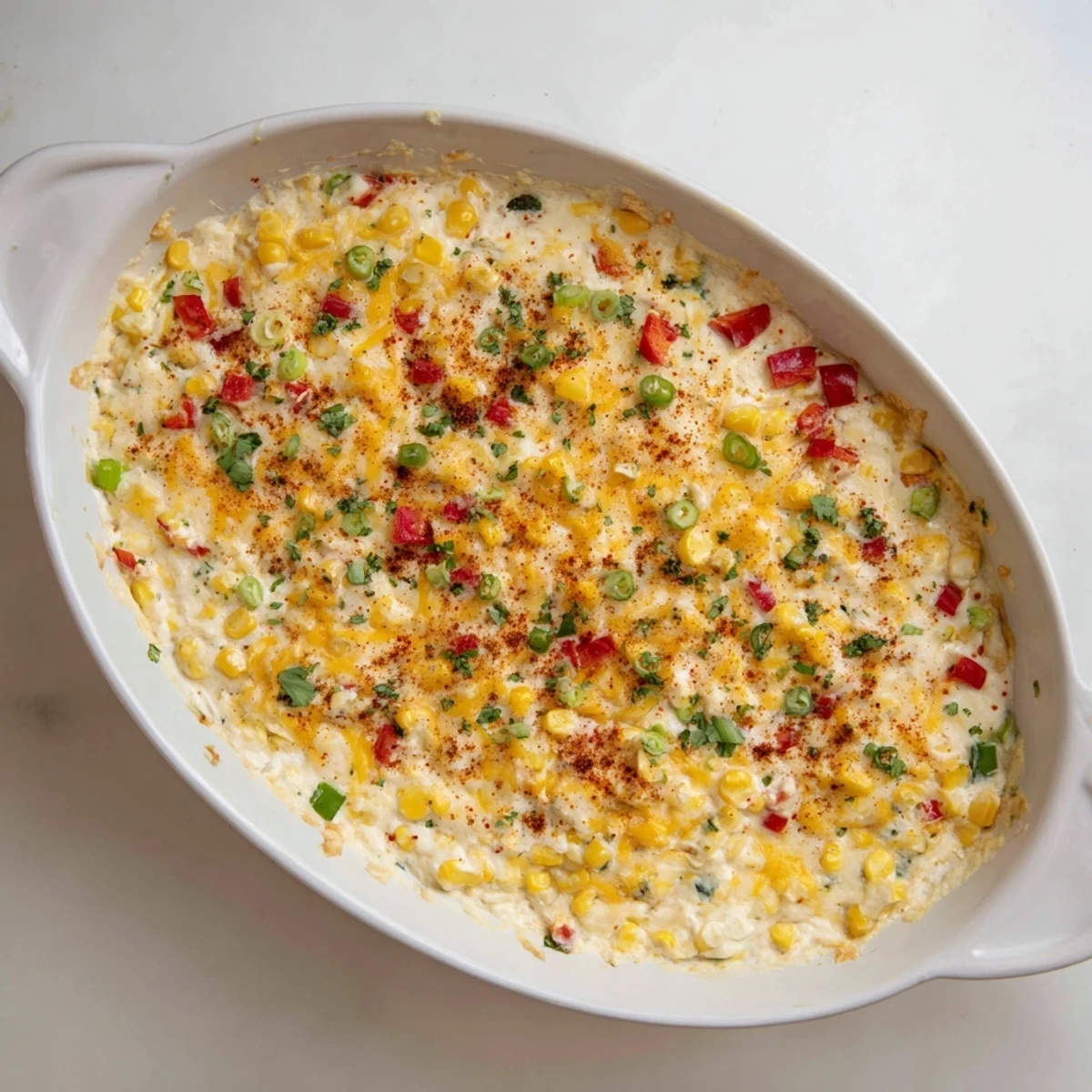 Warm corn dip topped with melted cheese and cilantro served with crispy tortilla chips