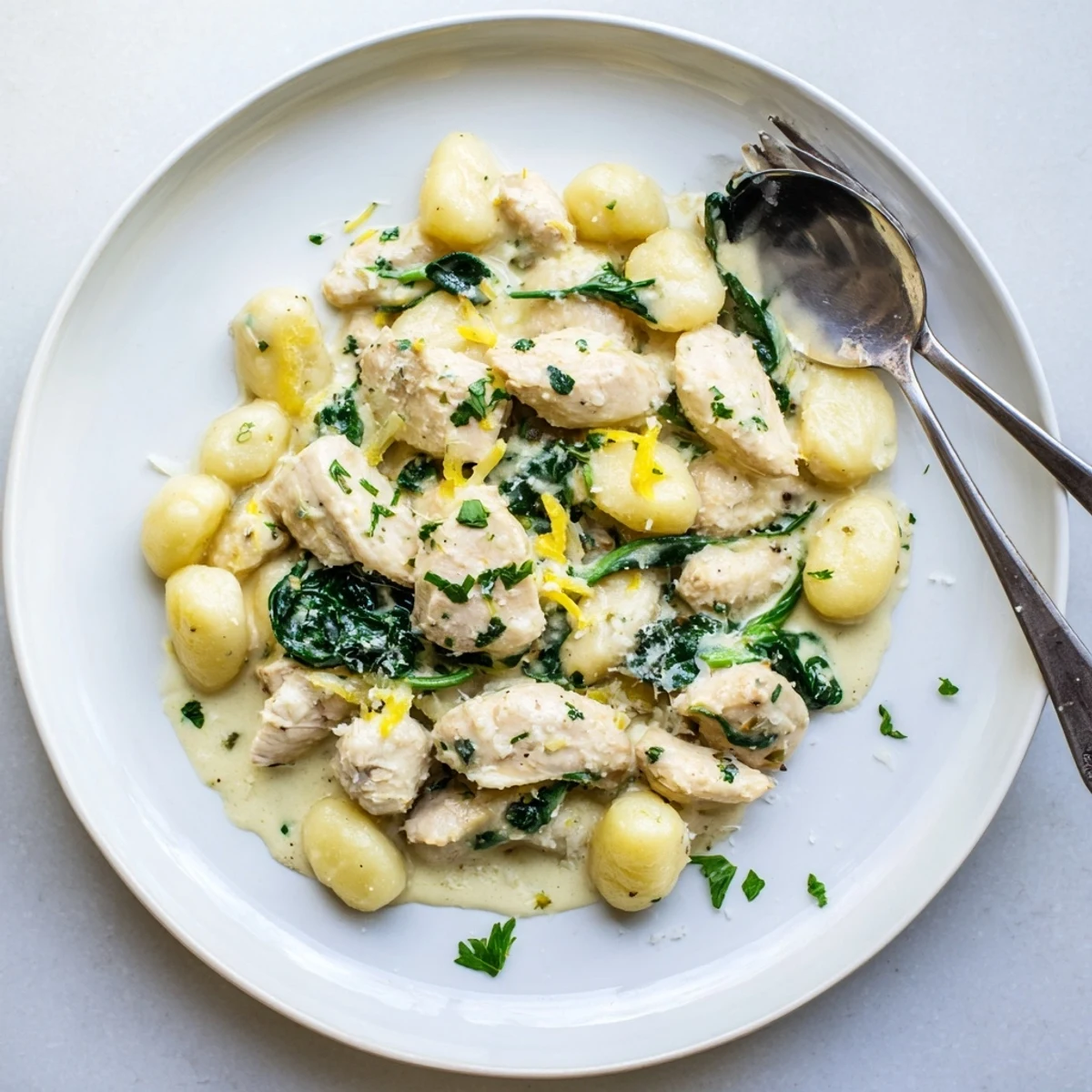 Golden pan of creamy lemon chicken gnocchi topped with fresh parsley and grated Parmesan cheese