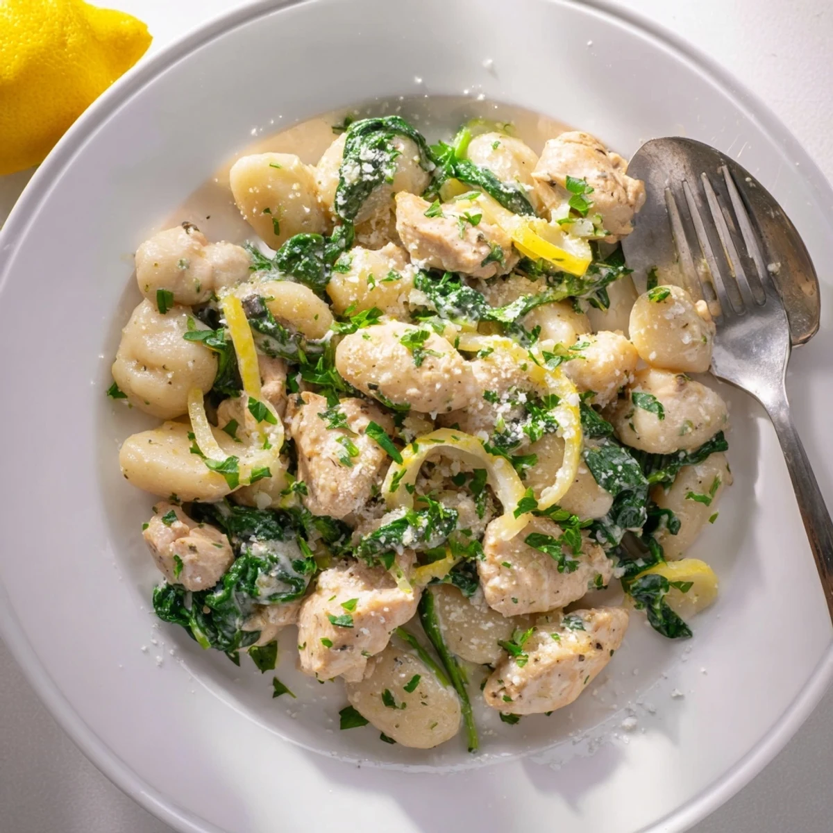 Skillet featuring tender chicken pieces and pillowy potato gnocchi swimming in bright lemon cream sauce with wilted spinach