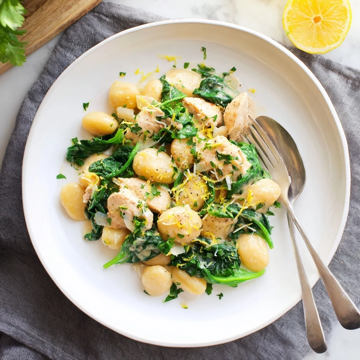 Comforting one-pan creamy lemon chicken gnocchi dish plated with spinach and extra Parmesan for serving
