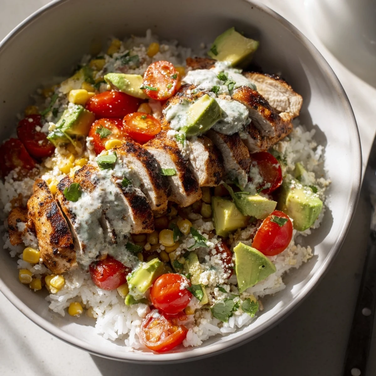 Colorful street corn chicken and rice bowl filled with spiced grilled chicken, lime-dressed corn, and diced avocado