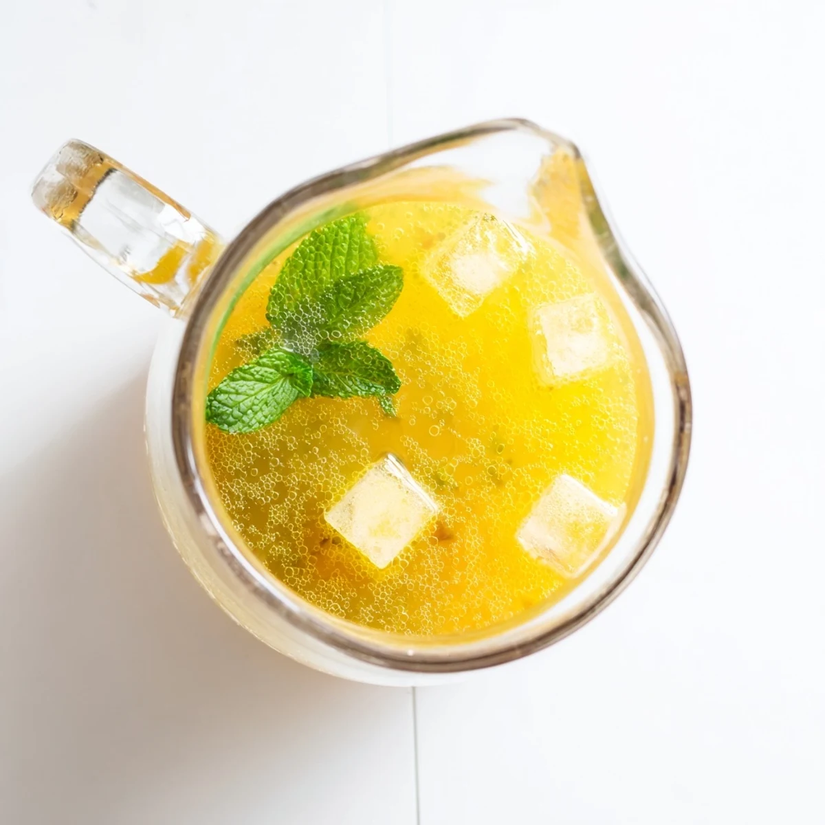 Golden pineapple peach agua fresca served in clear glass with ice and fresh mint sprigs