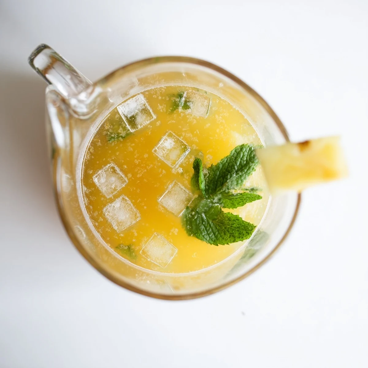 Vibrant yellow pineapple peach agua fresca poured over ice cubes in a chilled mason jar