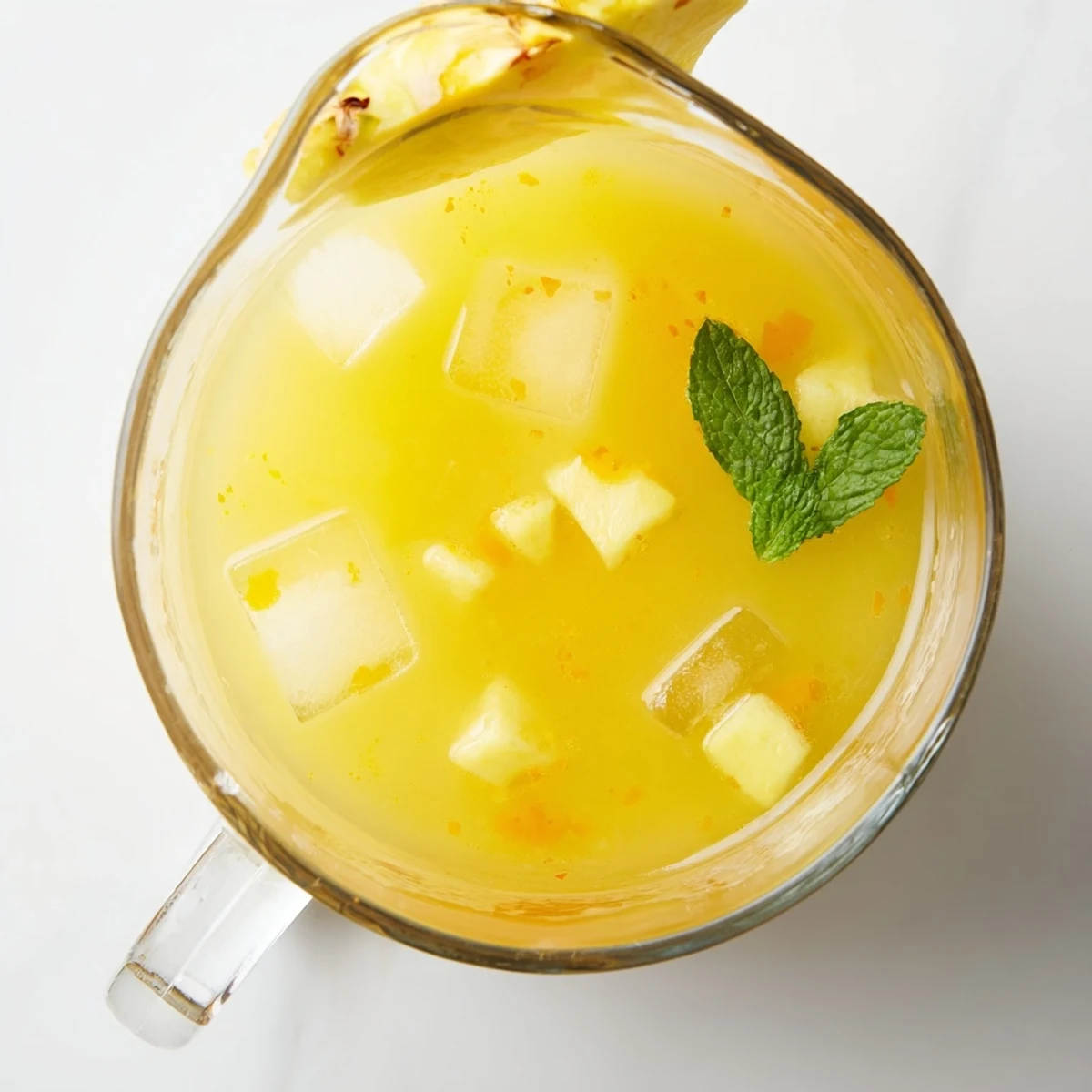 Refreshing pineapple peach agua fresca in pitcher with floating fruit slices and mint garnish