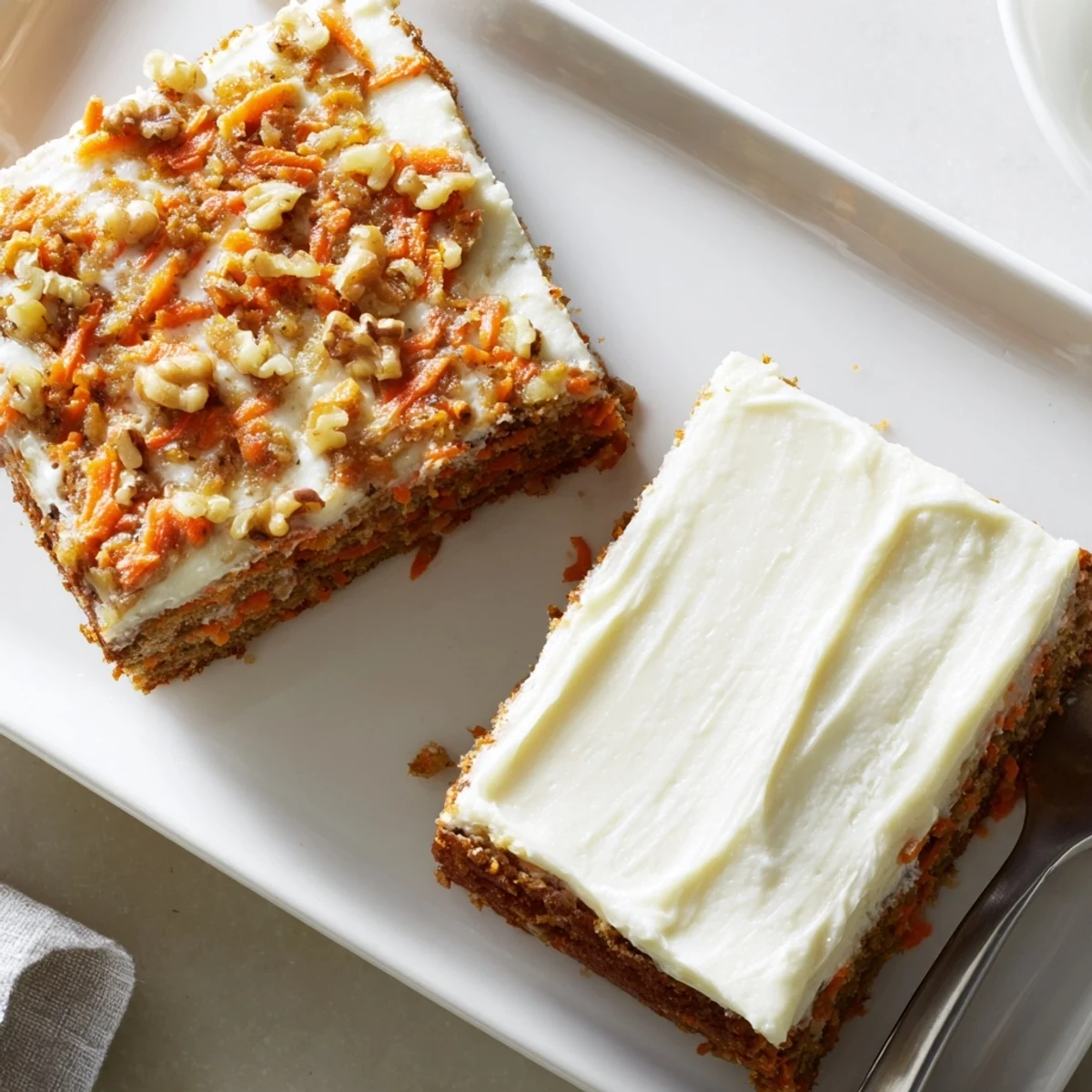 Decadent carrot cake bars with smooth cream cheese frosting topped with chopped walnuts on a white serving plate