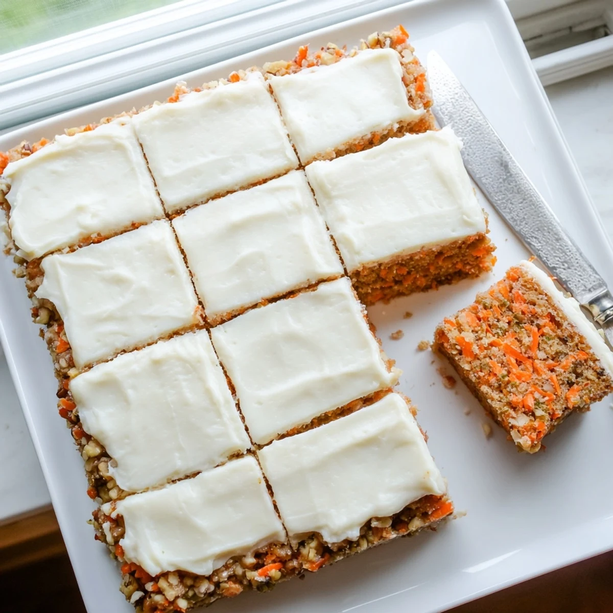 Moist carrot cake bars with cream cheese frosting and grated carrot texture displayed on a rustic wooden cutting board