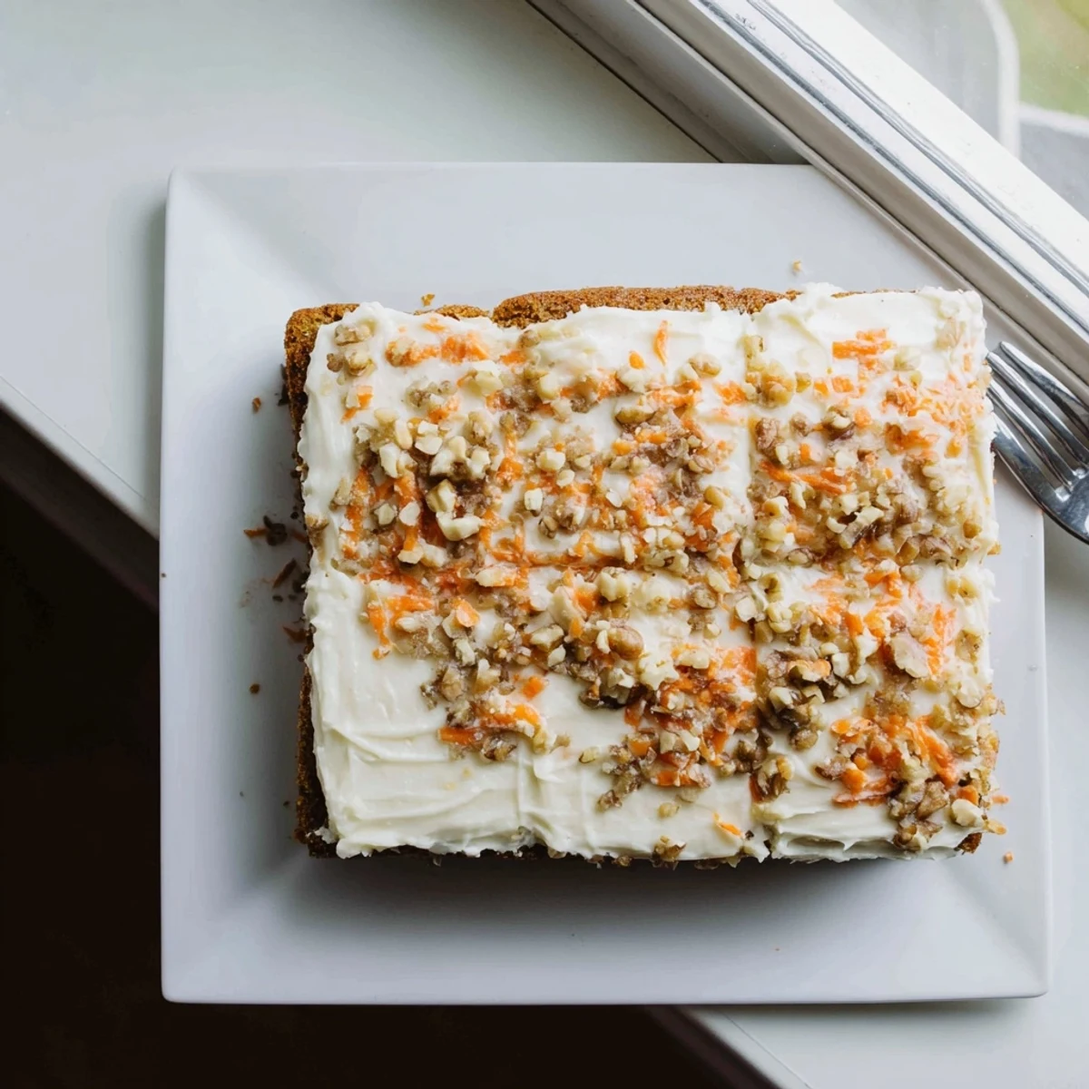 Golden spiced carrot cake bars sliced into squares and topped with thick luscious cream cheese frosting