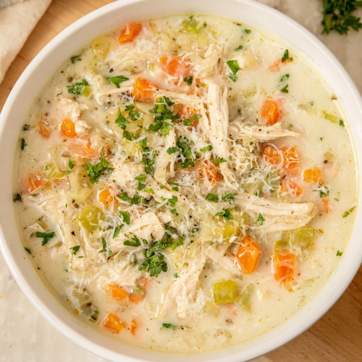 Steaming bowl of garlic parmesan chicken soup garnished with fresh parsley and extra cheese