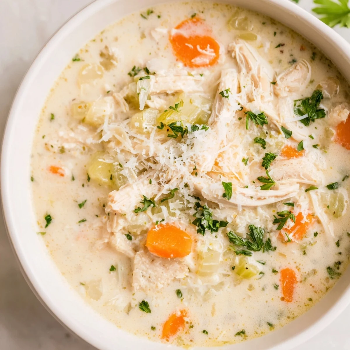 Creamy garlic parmesan chicken soup with tender shredded chicken in a white broth bowl