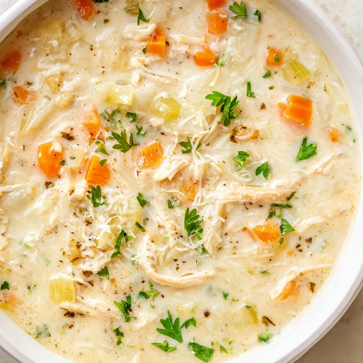 Homemade garlic parmesan chicken soup served with crusty bread on a rustic wooden table