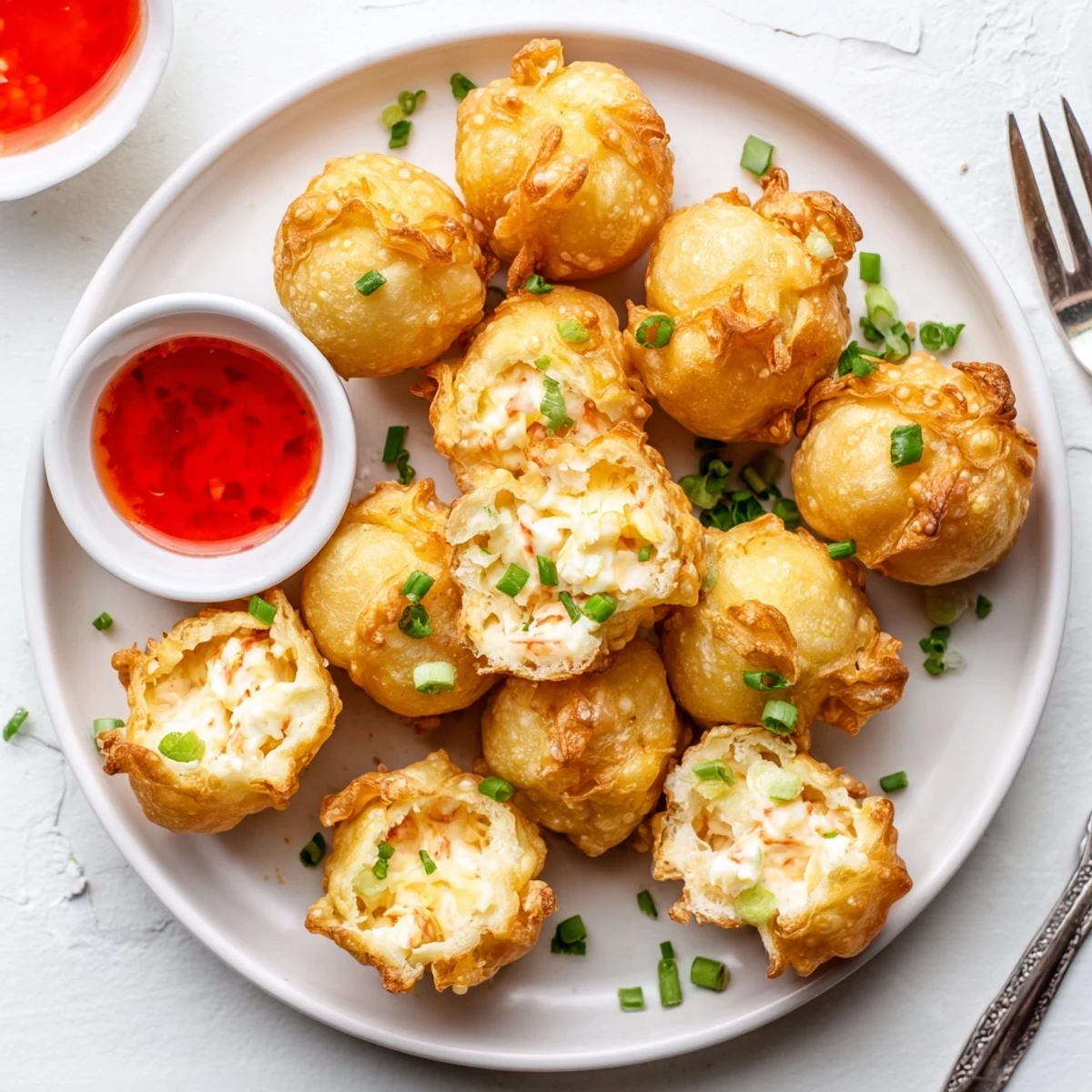 Golden fried crab Rangoon bombs featuring creamy cheese filling and sweet crab meat