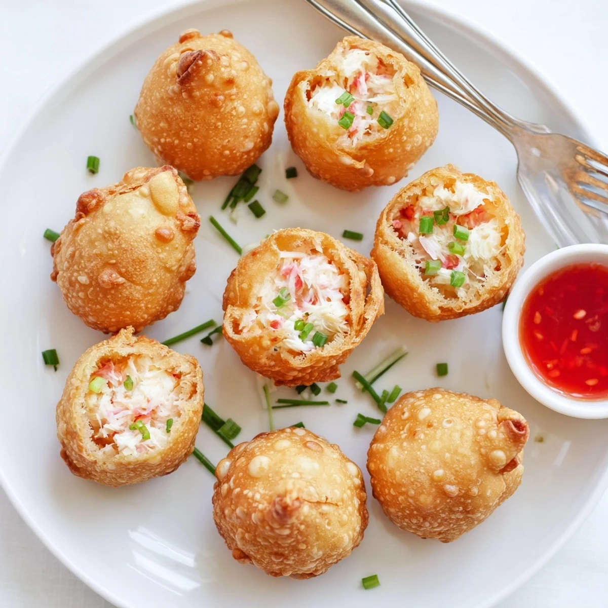 Deep golden pastry spheres filled with lump crab and cream cheese on serving platter