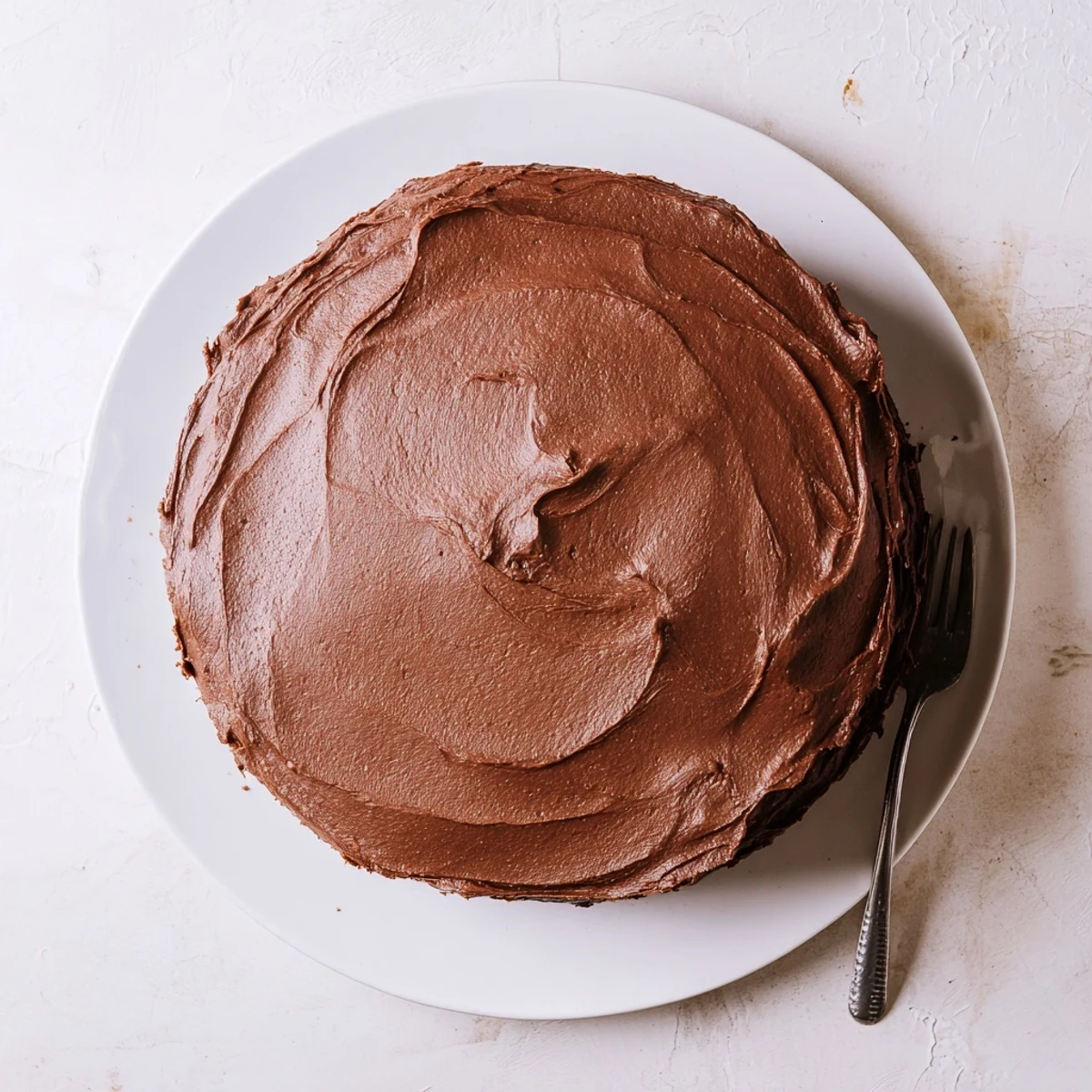 Two-layer chocolate cake with smooth ganache style frosting and decorative piping swirls