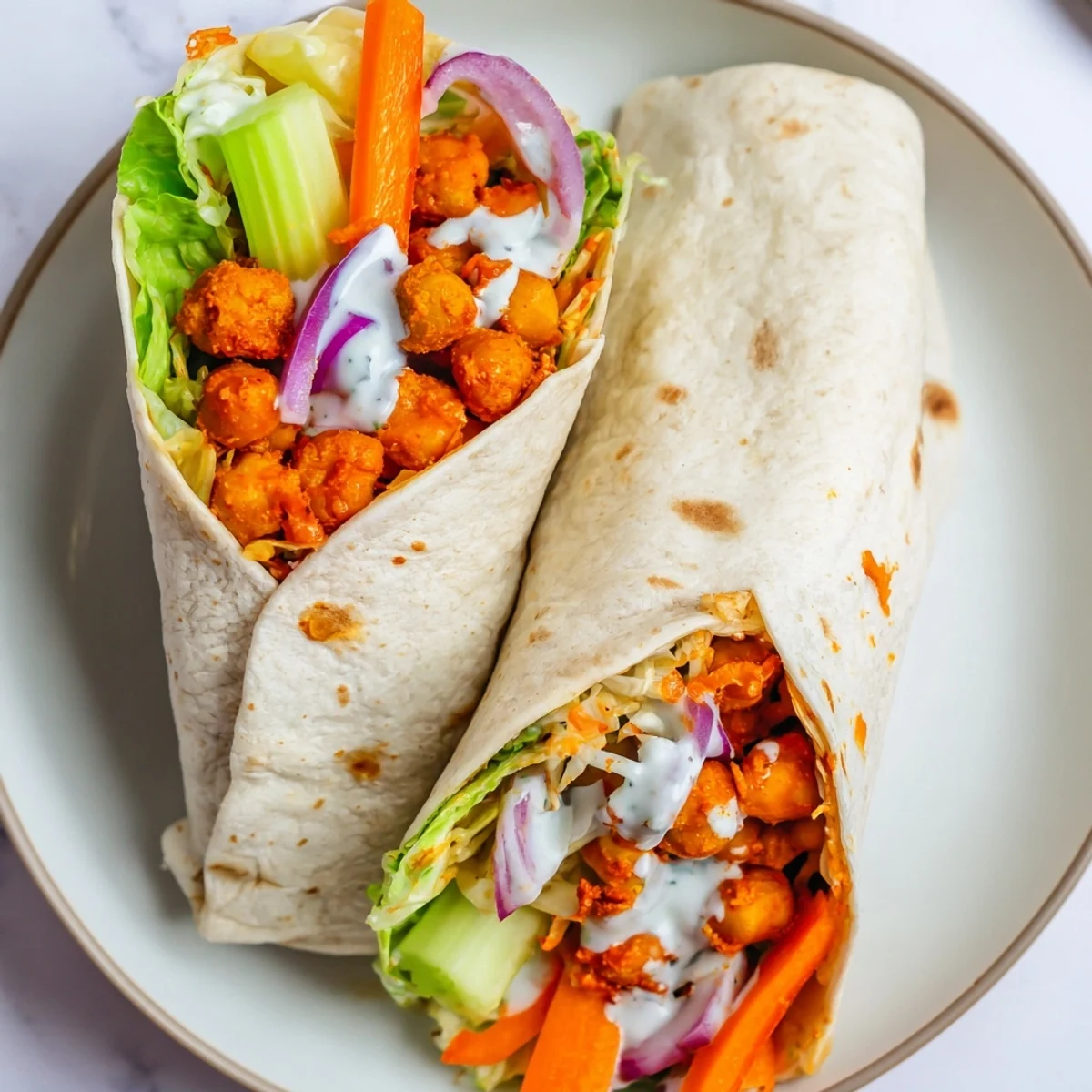 Warm buffalo chickpea wraps loaded with vegetables and tangy sauce, sliced in half for easy serving