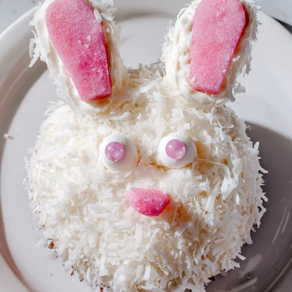 Adorable bunny cupcakes topped with fluffy coconut fur and pink marshmallow ears for Easter