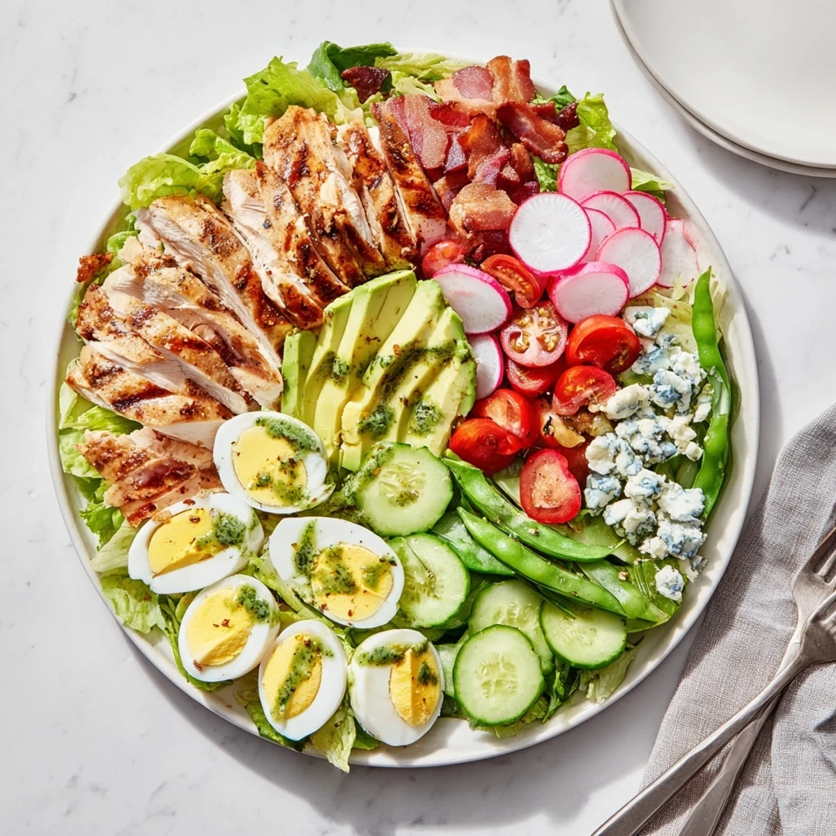 Fresh Spring Cobb Salad arranged with grilled chicken, avocado, crisp vegetables, and blue cheese on a bed of mixed greens