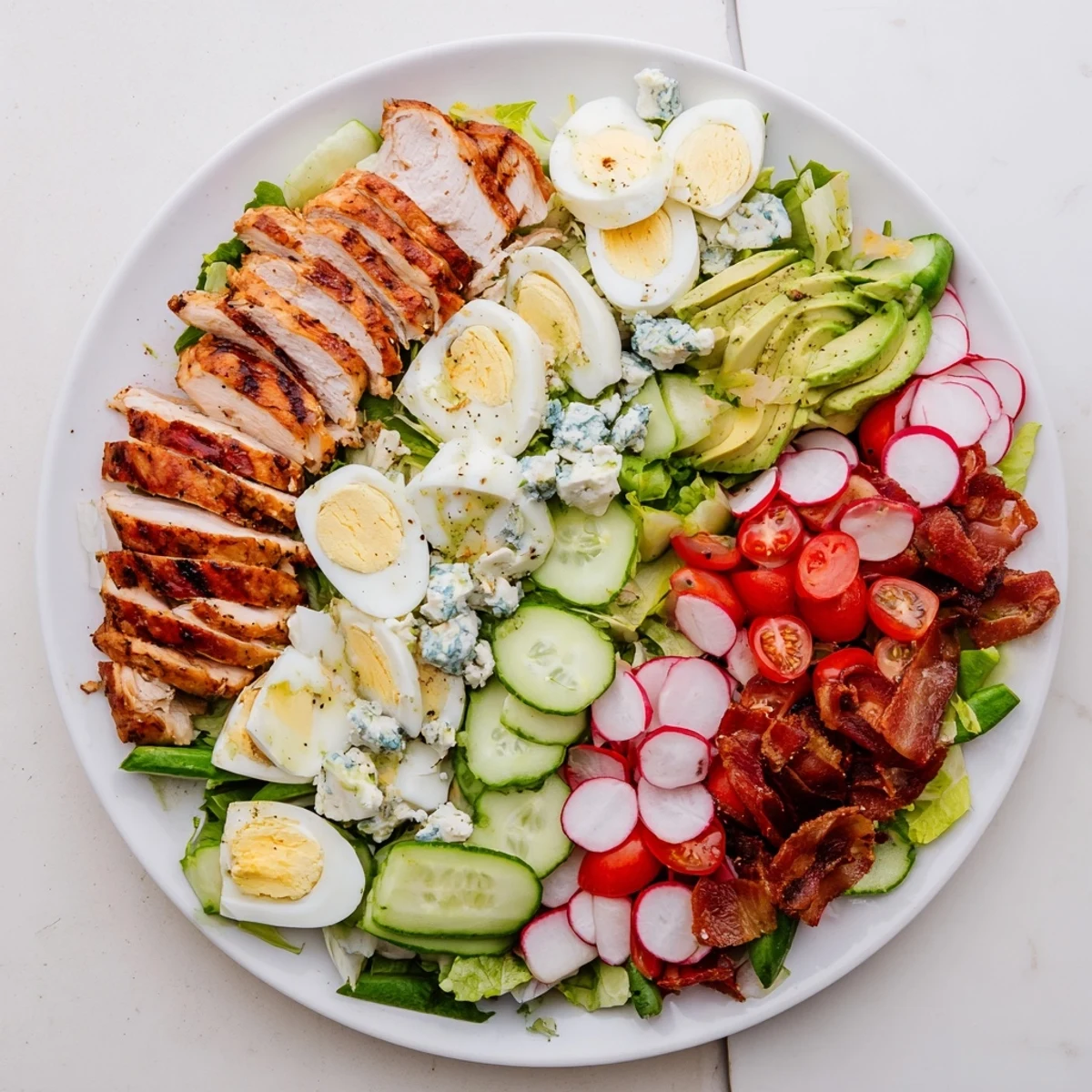 Colorful plate of Spring Cobb Salad featuring rows of eggs, bacon, radishes, snap peas, and cherry tomatoes over spring greens
