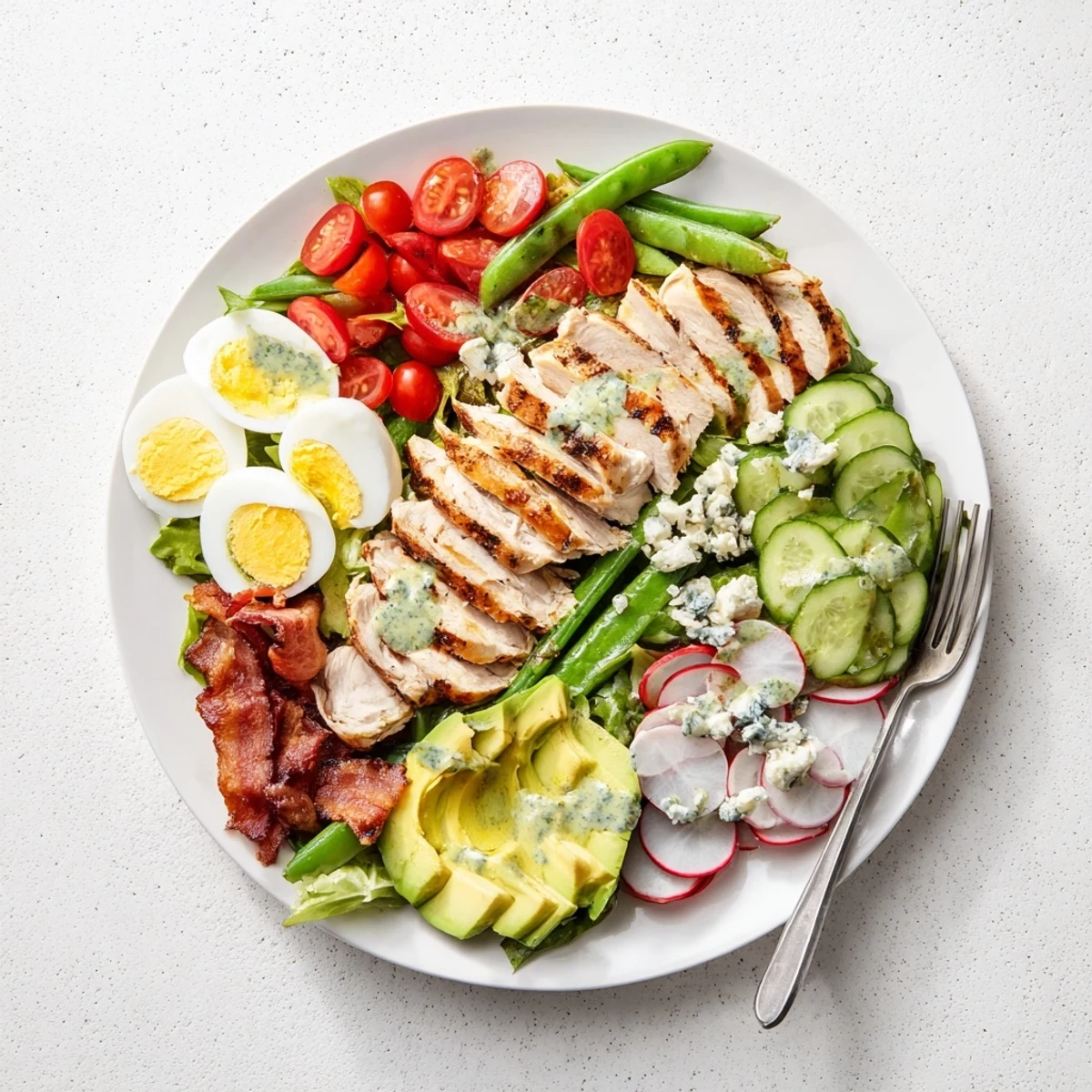Homemade Spring Cobb Salad drizzled with herb vinaigrette, showcasing seasonal vegetables, creamy avocado, and tender sliced chicken