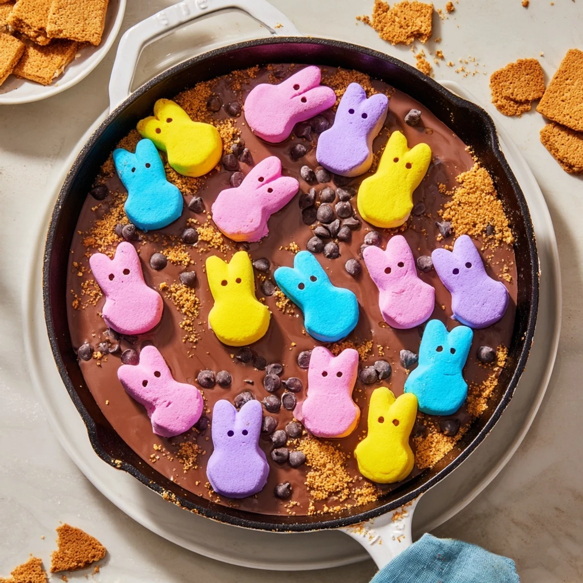 Colorful Easter Peeps skillet smores with gooey chocolate and graham cracker dippers ready to share