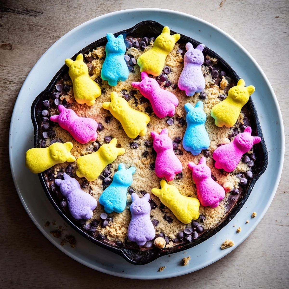 Golden Peeps marshmallow chicks nestled over melted chocolate in a cast iron skillet