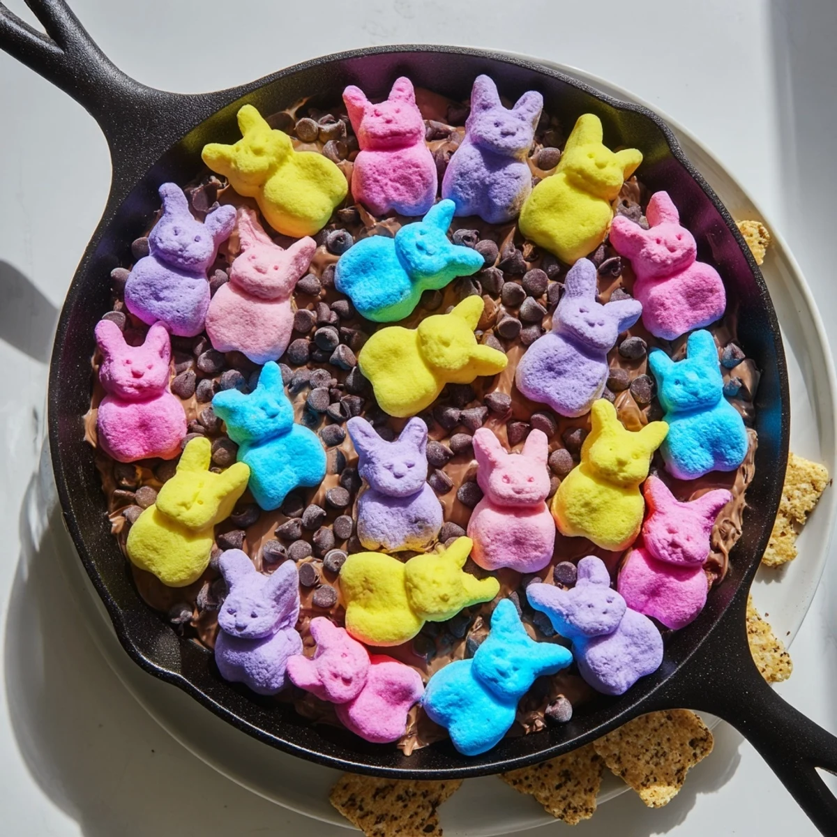 Toasted Peeps smores dessert bubbling in an oven-safe skillet with semi-sweet chocolate chips