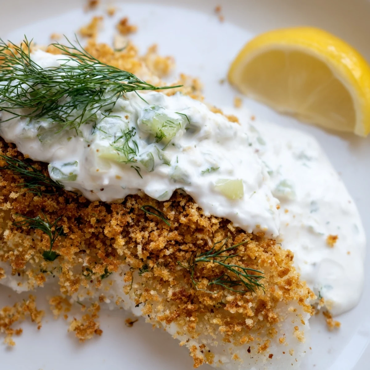 Golden crumbed fish fillets fresh from the oven with creamy dill cucumber yoghurt sauce