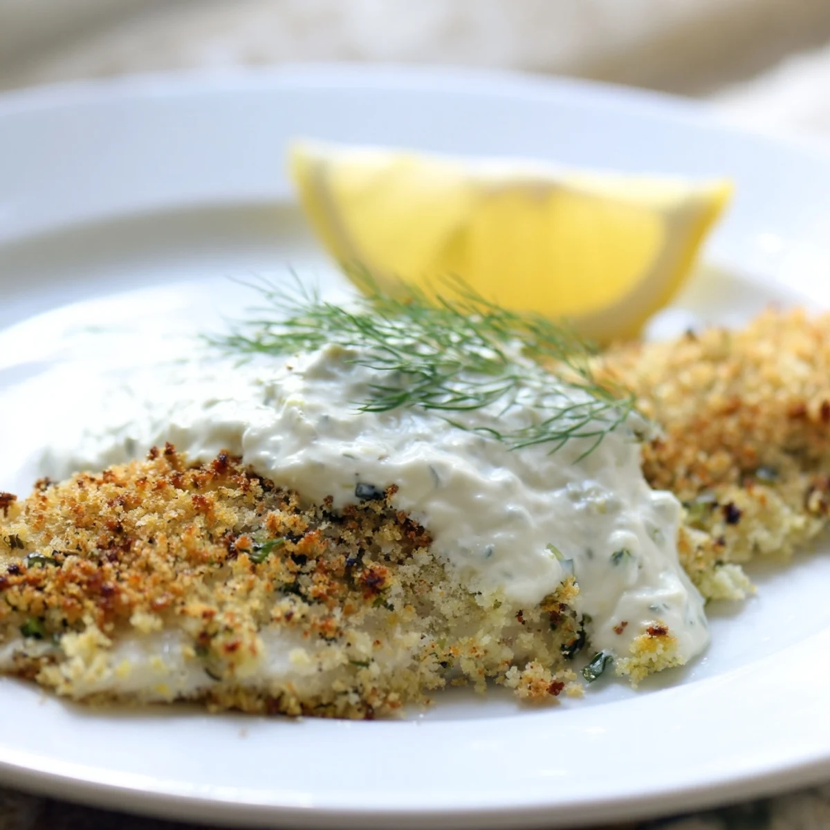 Crispy oven baked crumbed fish served alongside tangy lemon cucumber yoghurt dipping sauce